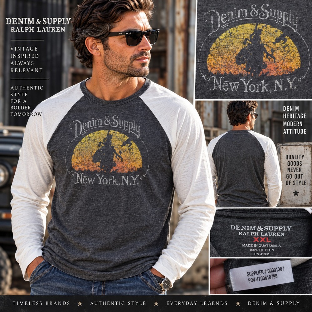 Denim & Supply Ralph Lauren Men XXL Black Cream Western Horse Raglan Graphic Tee